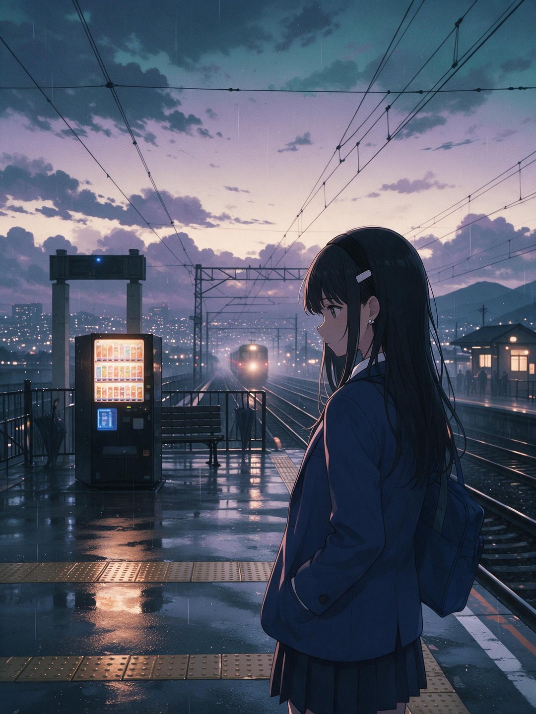 Anime rainy train platform AI prompt example