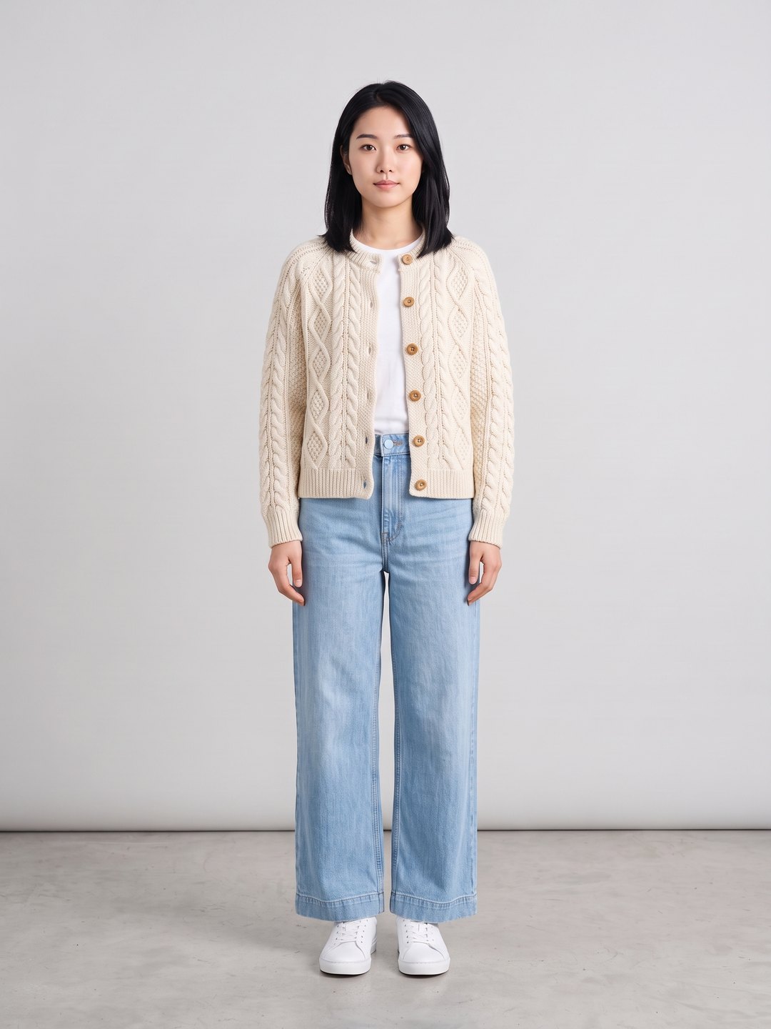 Cable-Knit Cardigan and Wide-Leg Jeans Virtual Try-On AI prompt example