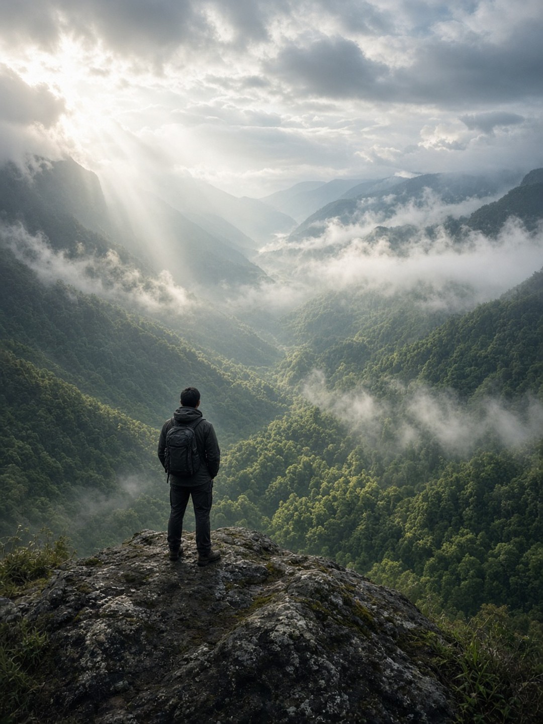 Misty Valley Hiker Photo Brought to Life AI prompt example
