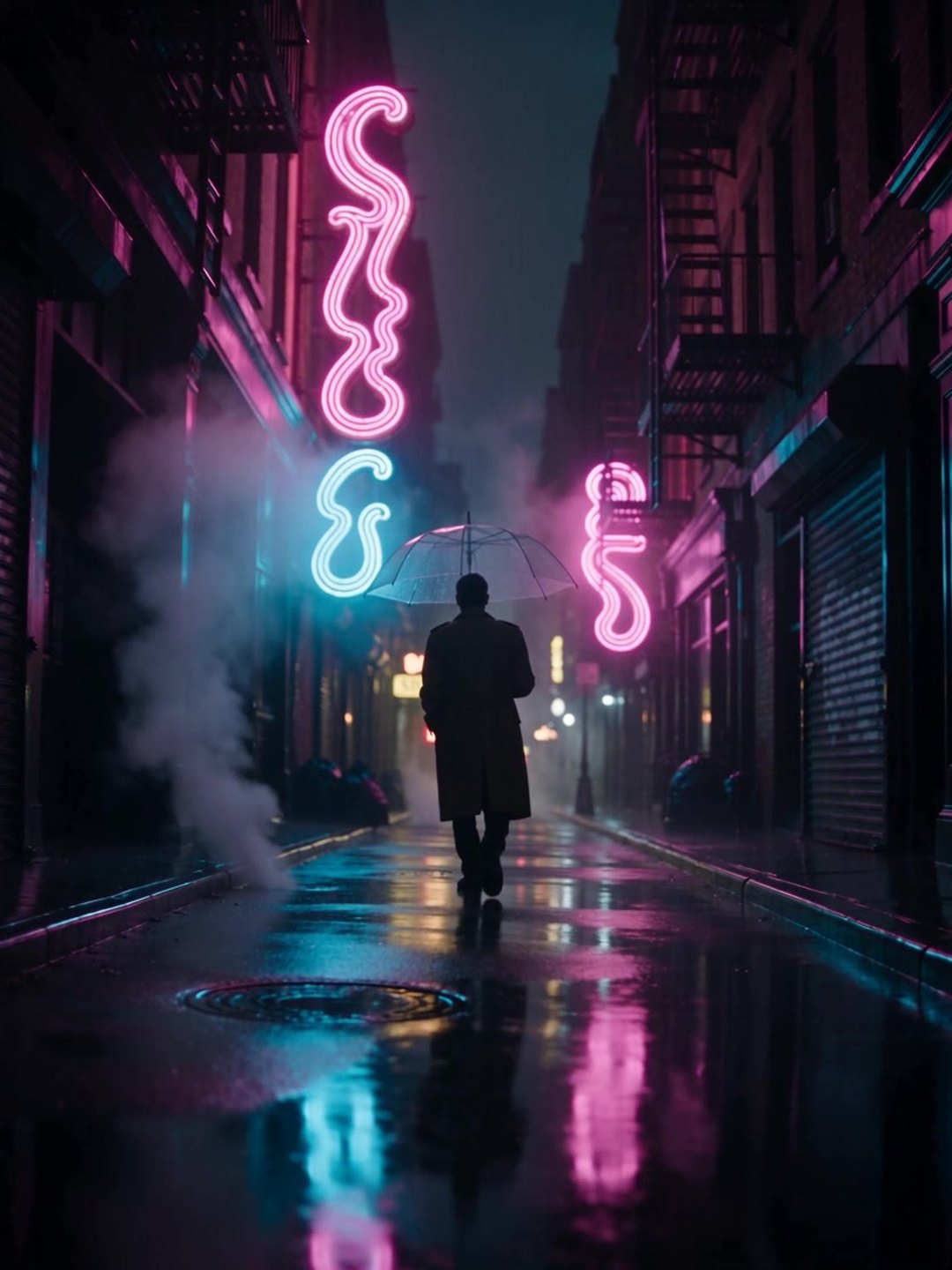 Rainy neon street tracking shot AI prompt example