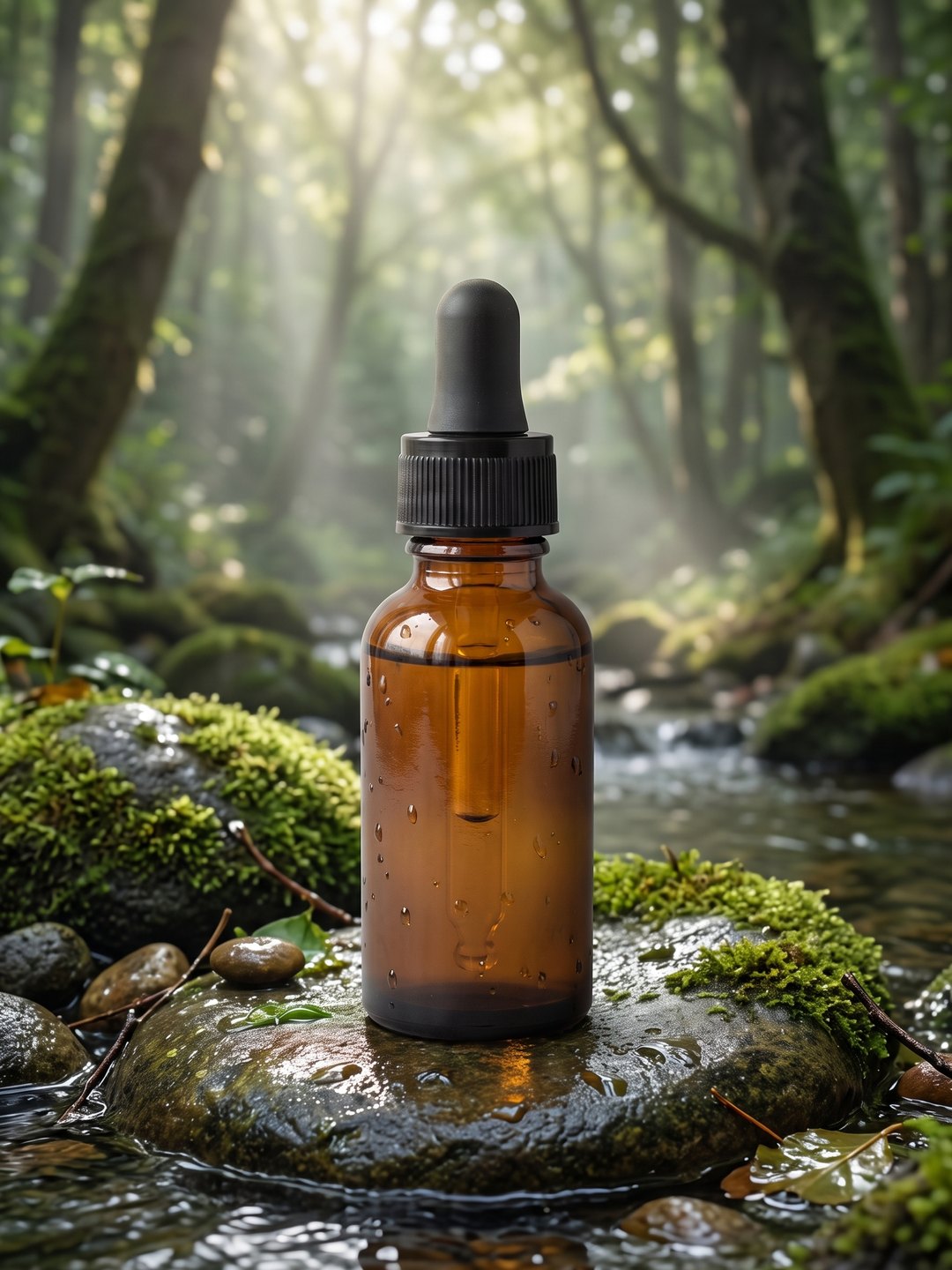 Serum Bottle Moved to a Mossy Forest Stream AI prompt example