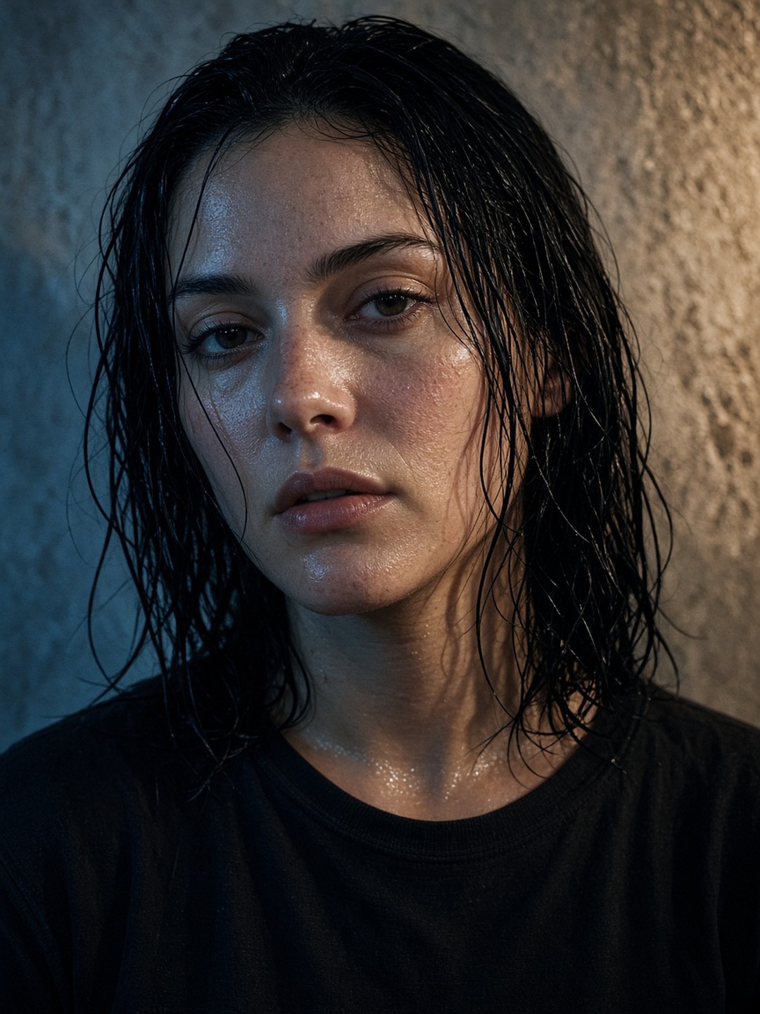 Rain-Soaked Editorial Beauty Portrait AI prompt example